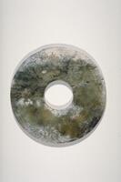Large, flat disk made of gray and green jade with touches of black and brown with a hole in the center.  Incised circle around outer edge of disk and around edge of interior hole. <br />