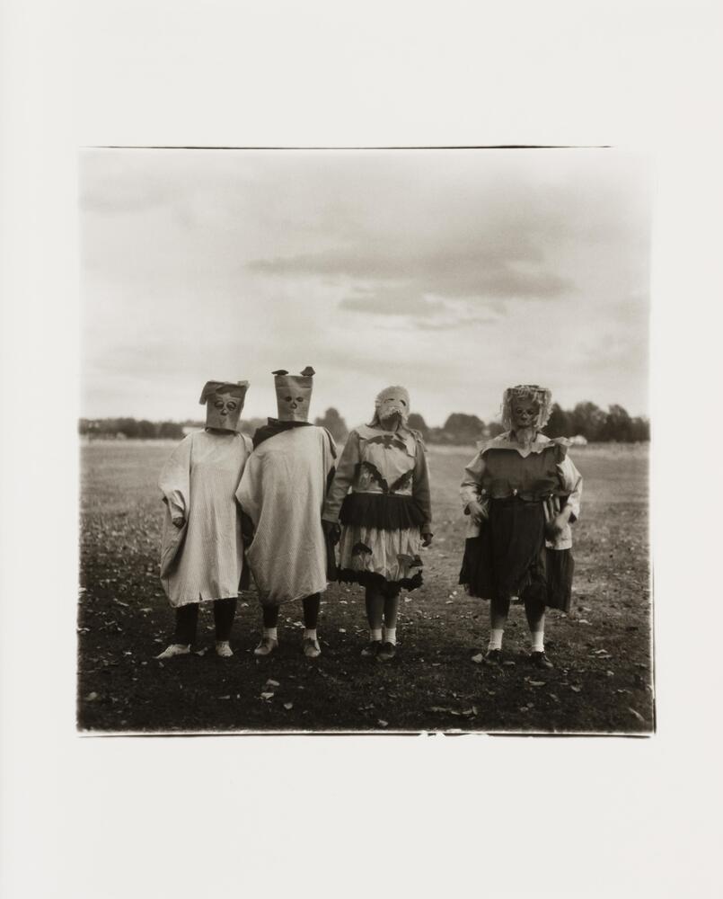 Four people donning costumes and masks standing in the foreground of a large grassy field.&nbsp;