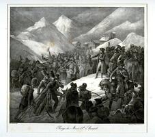 This black and white print shows a winter mountain scene with steep snow covered peaks and a compound of buildings in the pass between them. There is a large crowd of soldiers, some on foot and some on horseback, who are gathered around their commander. He stands on a snowy rise and points to a friar who holds a basket of bread. Other friars walk among the foot soldiers to distribute bread. There is French writing below the scene that identifies the title, artist and publisher of the print.