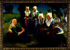 This painting, done in thick brushstrokes, shows a group of women gathered on the grass in a wooded area. There are six figures, four seated and two standing, and they fill the foreground of the composition. They are grouped in a semi-circle, however, there is no communication or eye contact between the figures. The women are wearing traditional Breton costumes with brightly colored aprons, caps and sashes. They have  bright white collars and caps with purple, burgundy and green ribbons.