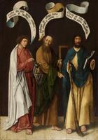 Three apostles, each holding an identifying attribute, stand in a row as full-length figures on this painted panel. On the left stands the youthful beardless St. John holding a chalice with a snake coiled in the cup. Next to him appears the bald and bearded St. Thomas, holding an architect&#39;s square. The bearded figure of St. James the Less appears on the left with an open book in his left hand and a long fuller&#39;s club in his right. Scrolls above each apostle&#39;s head contain a line from the Apostles&#39; Creed in Latin.