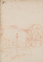 This sketch shows ancient ruins. The top half of the page is left empty with sky. At the righ is an apsed portico and from it, to the left of the page, runs a wall studded with windows. In the foreground is a set of stairs with shrubbery overgrowing.