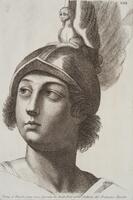 Bust portrait of Paris of Troy. He looks off to the upper left. He is shown with a helmet that is toped with a sphynx-like figure and long feathers.