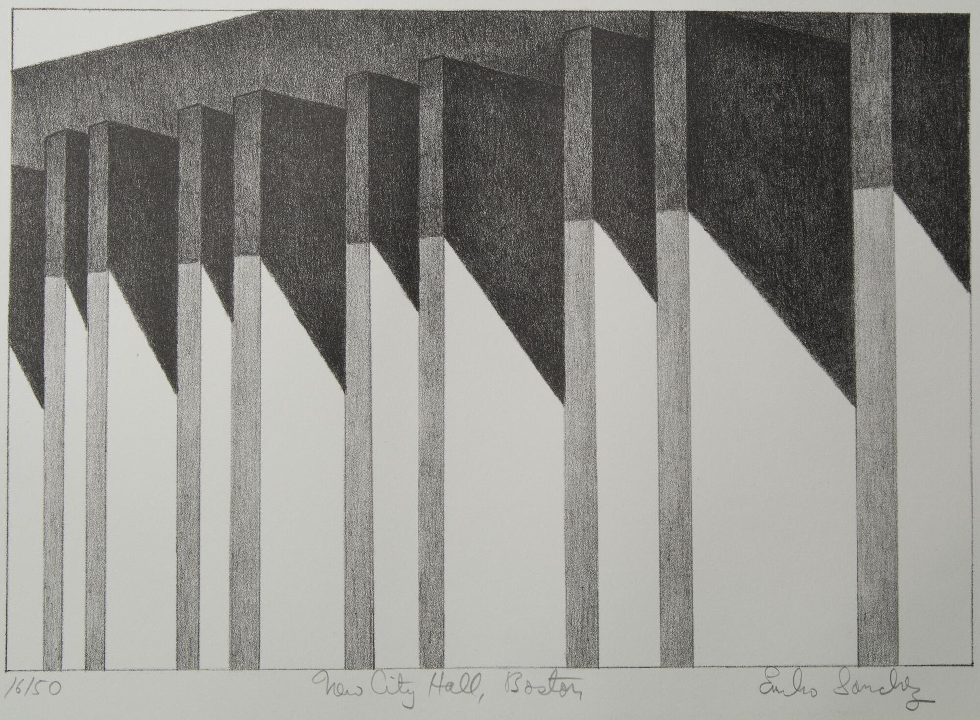 A black and white print of the exterior columns of Boston City Hall.