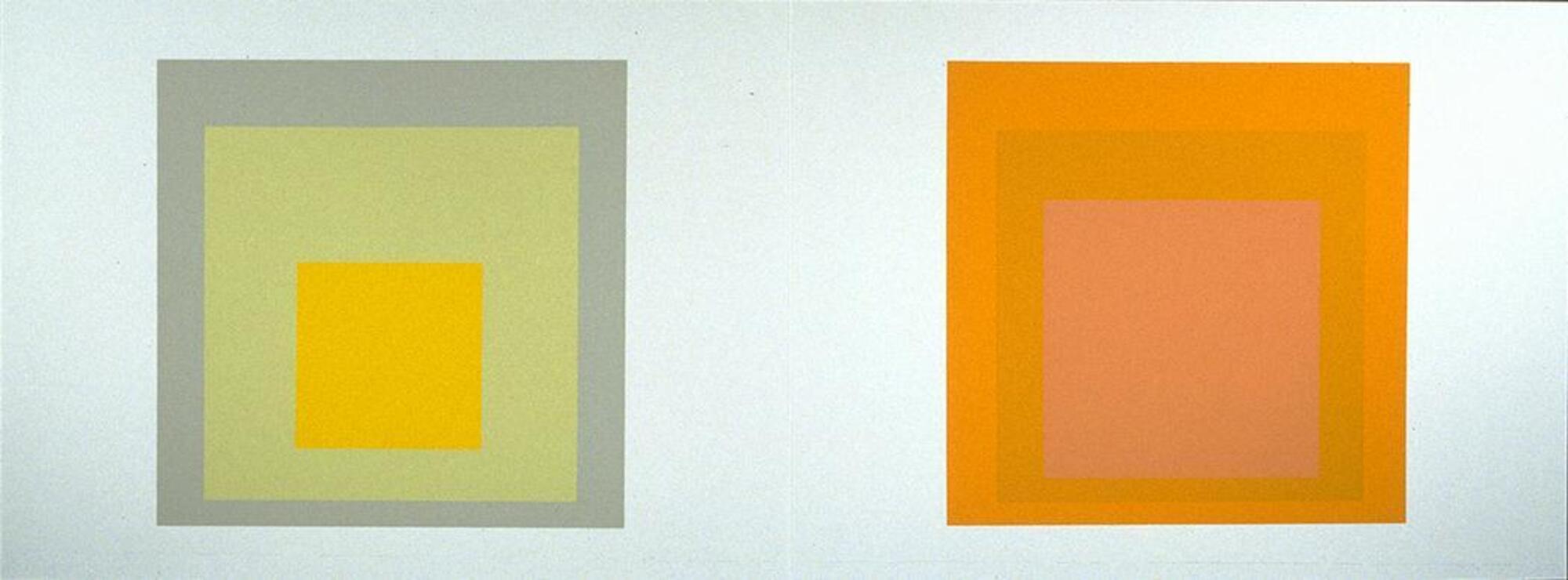 This print shows two rectangles, on the left, a grey square has pale green and yellow squares nested in it. On the right, an orange square has darker orange squares nested in it.