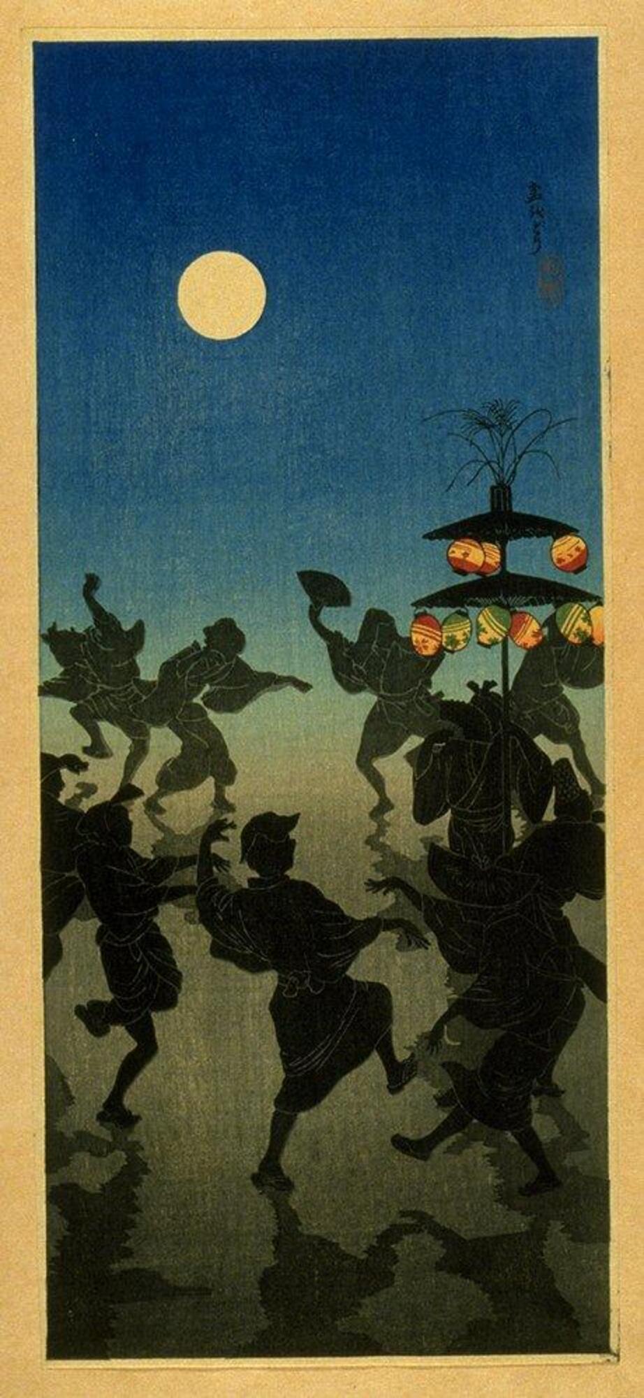 A circle of festival-goers dances under a full moon. They only appear in silhouette, but the shapes of their kimono and fans in hand can be seen.