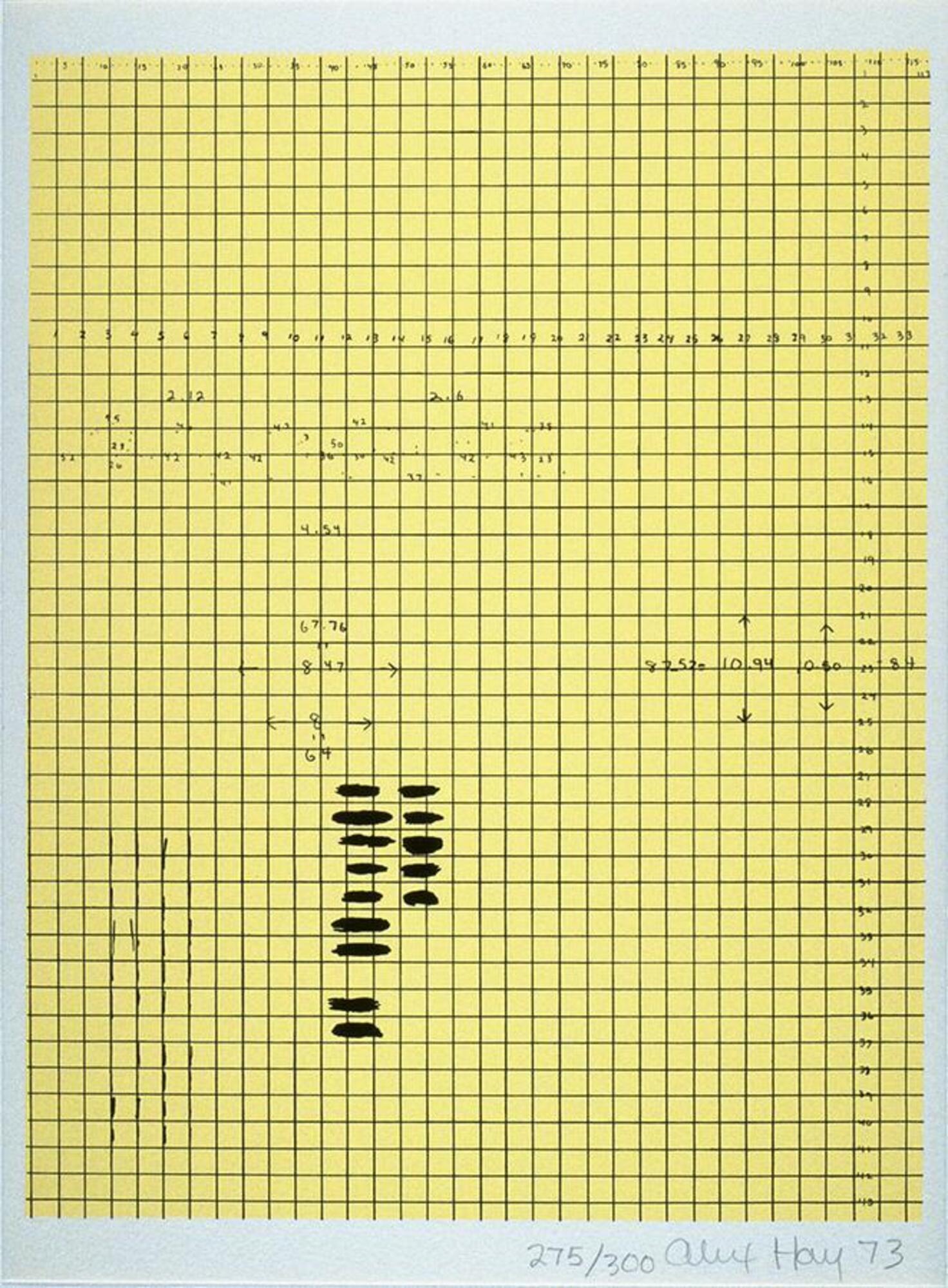 A print entirely in yellow, with hand drawn grid lines. On the grid lines, various measurements and marks have been made.<br /><br />
EC 2017