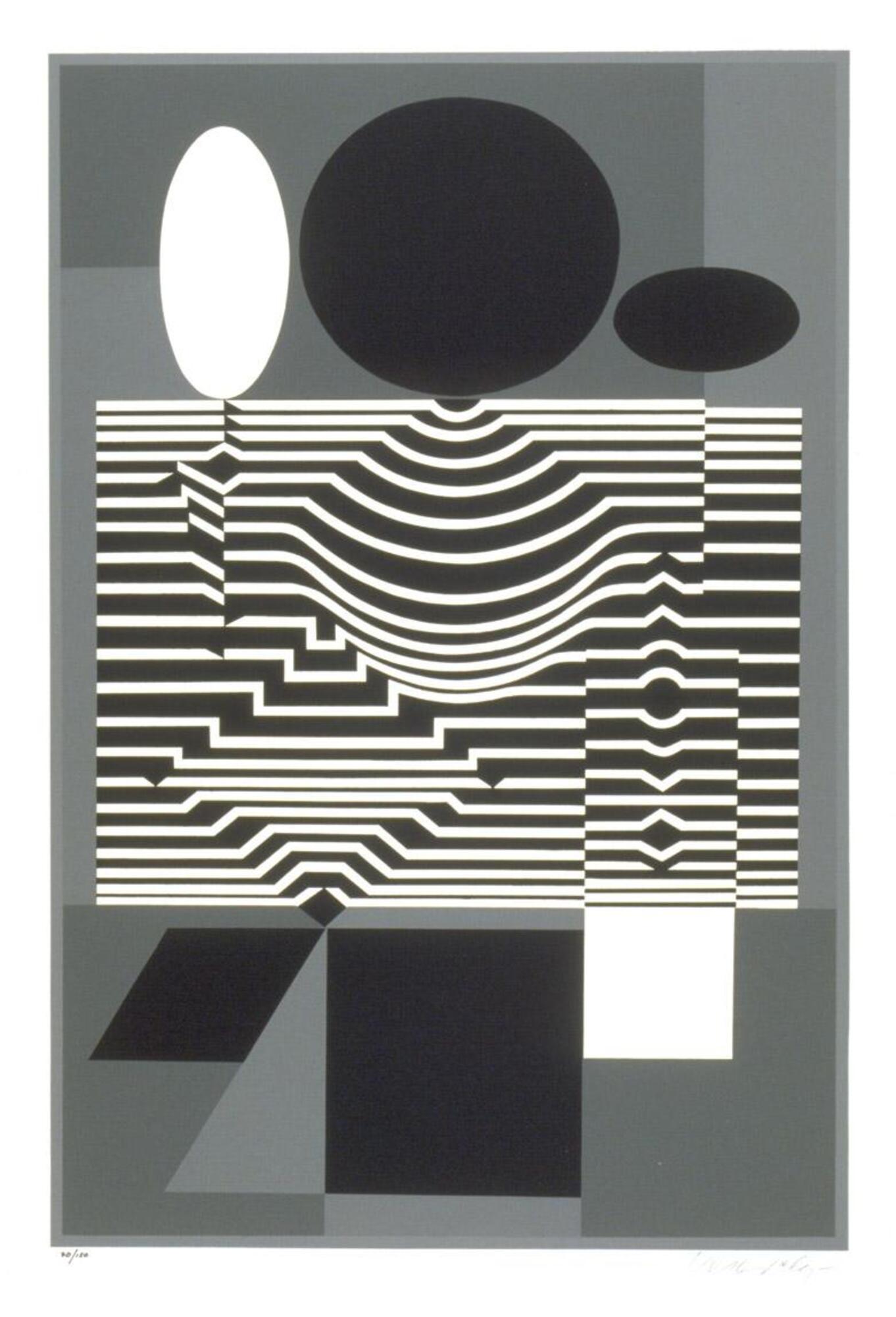 At the top of the print, there are three oval shapes, from the left, the first white and the next two black. Undulating horizontal black and white lines create a rectangular section at the center of the composition, interrupted to create other geometric shapes. There are light grey, black, and white triangles and squares at the bottom of the image. Overall, the background is a solid grey. The print is signed in pencil (l.r.) "Vasarely-" and numbered in ink (l.l.) "70/150".