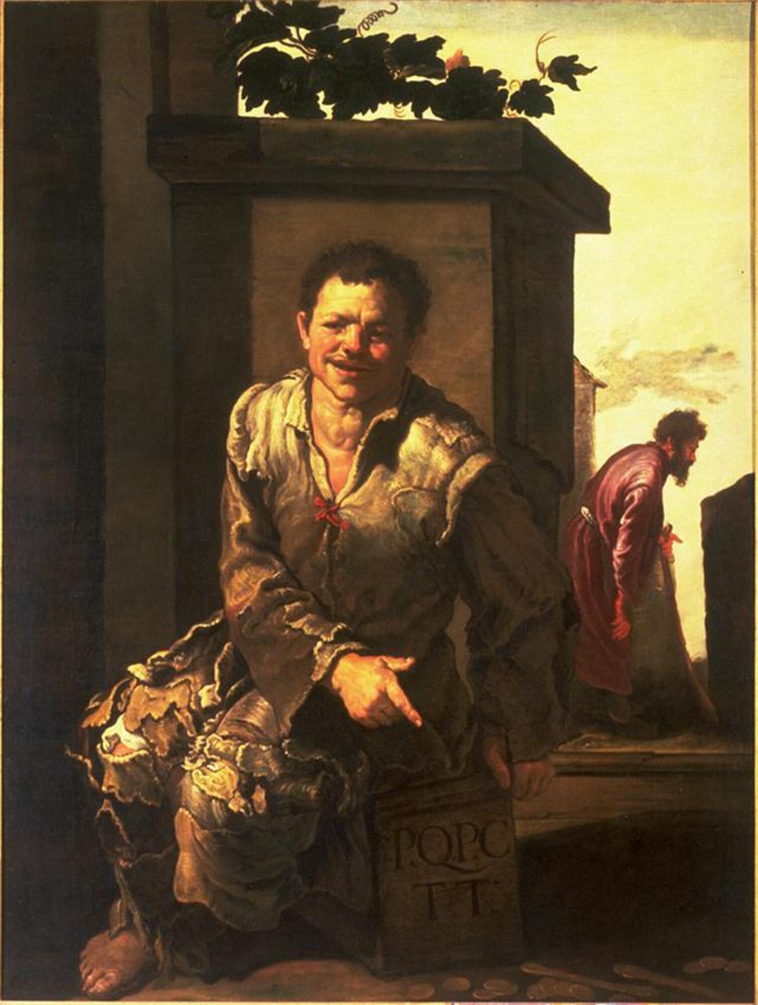 This painting shows a man seated on a bench, facing the viewer. He leans forward slightly and his right hand reaches across his body to point toward a group of coins on the ground. He is dressed in tattered clothing and his feet are bare. The bench where he is seated is inscribed with the letters: P. Q. P. C. /T. T. This is an outdoor scene with open sky in the background and some vegetation on a ledge above him, but there are no details to indicate the exact location. Another man is shown in the background at the right, walking hunched over and using a staff. There is a strong contrast between dark and light in this painting. The figure of the walking man and the dark shapes of buildings are outlined against the light backdrop of the sky. A strong warm light, from the left side of the painting, highlights the knees, hand and upper body of the seated man.