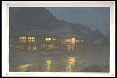 This work depicts an evening scene in a hot spring.