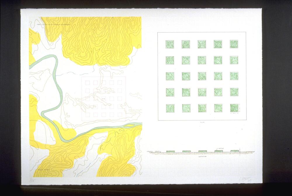 This lithograph on white wove paper is horizontally oriented with a grid of light gray lines on a white background. On the left side there is a contour map with yellow areas and a wavy green linear form. There is a red square, with twenty-five  small red squares within it, in the center portion of the map. On the right side there are two diagrams. One is a cross section of a flat surface with five green rectangles. The other shows a white square that contains five rows of five small green squares. There are word labels throughout this work. <br />