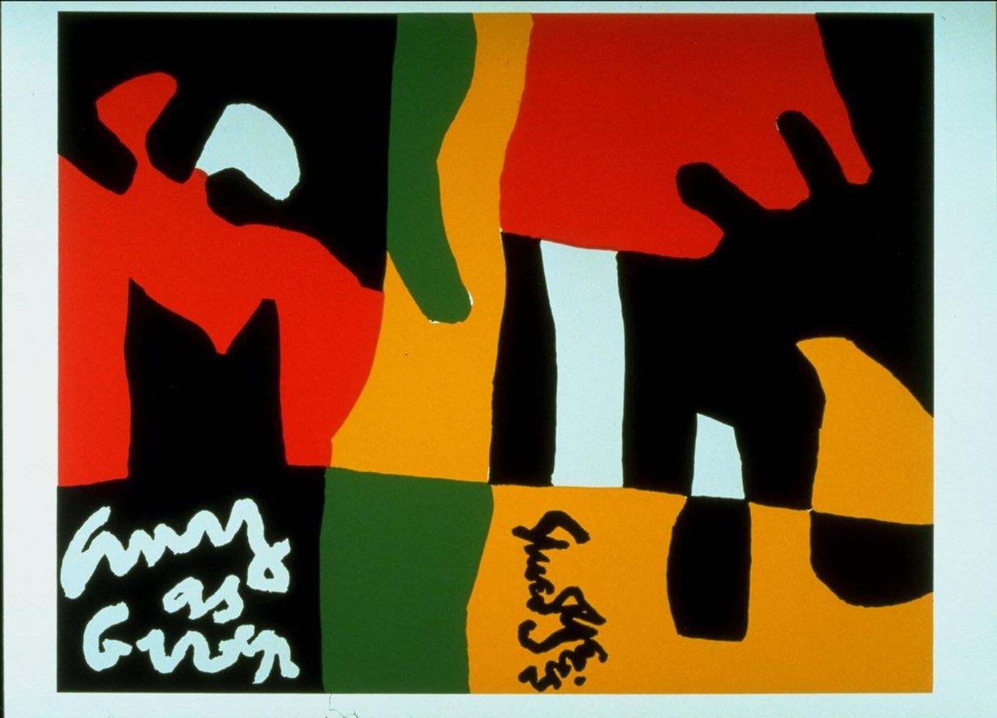 This horizontally oriented rectangular print contains black, red, green, yellow and white irregular, jigsaw puzzle like shapes within it. Three words, in white, appear in the lower left corner and the artists name appears in black in the center of the lower edge, written vertically.&nbsp;
