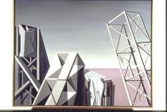 Four spare industrial structures rise at different angles into an empty landscape. On the viewer&#39;s right, a scaffolding rises from the lower corner and angles to the left. On the left, another scaffold structure runs from the bottom corner along the left edge. In the middle, a building-like structure rises from the bottom of the composition and leans into the visual space, resting on a long rectangular solid that is draped with a cloth.