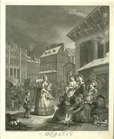 This print is vertically oriented with gray markings.  A cream border surrounds it and it has “MORNING” written below it.  The lower half of the print has a busy square.  There is a pyramid of people to the right, with lovers, beggars, and a woman warming her hands over a fire.  The left has a woman in a gown and a small boy behind her.  Beyond them in the distance is a large mass of people carrying posters.  The upper half shows the tops of the buildings that line the square.  The rooftops has a dusting of snow, and the clouds are dark as if it were an early winter morning.<br />