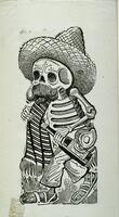 A figure of a skeleton wearing a hat, scarf, pants and sandals walking towards the left side of the image. He has a mustache and carries a bottle.