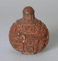 Red cinnabar lacquer snuff bottle with decorations of buildings, people, and nature.&nbsp;