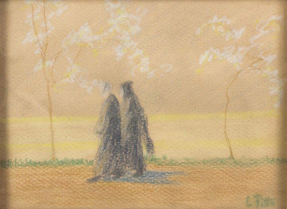 Two dark figures walking to the left, the sky and ground are muted colors of oranges, tans and yellows.
