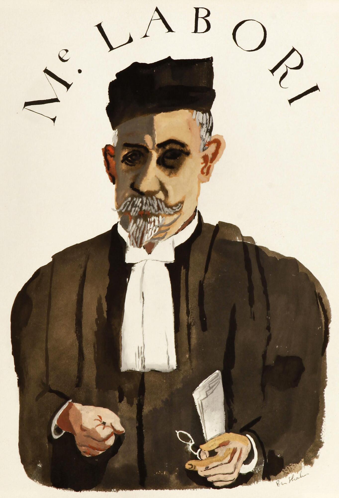 Shown in court attaire, a man stands with arms bent at his waist, and left hand holding both a rolled up document and a small pair of spectacles.  It reads above the man's head "M. Labori", who was Captain Dreyfus' defense attorney.