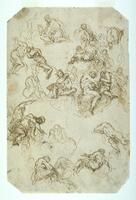 Loosely drawn figure studies principally seen from below and scattered across the sheet. Most of the figures are seated or stretching upwards away from the viewer. Drawing indicates a varied degree of finish; some figures seem to have been fairly carefully drawn with proper foreshortening of the figures while others are more summarily described.