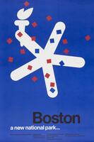 A blue poster with a white, five-pronged shape in the center. The top left pring "holds" a torch, and blue and red squares are arranged across the graphic. The bottom reads "Boston", "A new national park...", and lists various historical sites in the city.