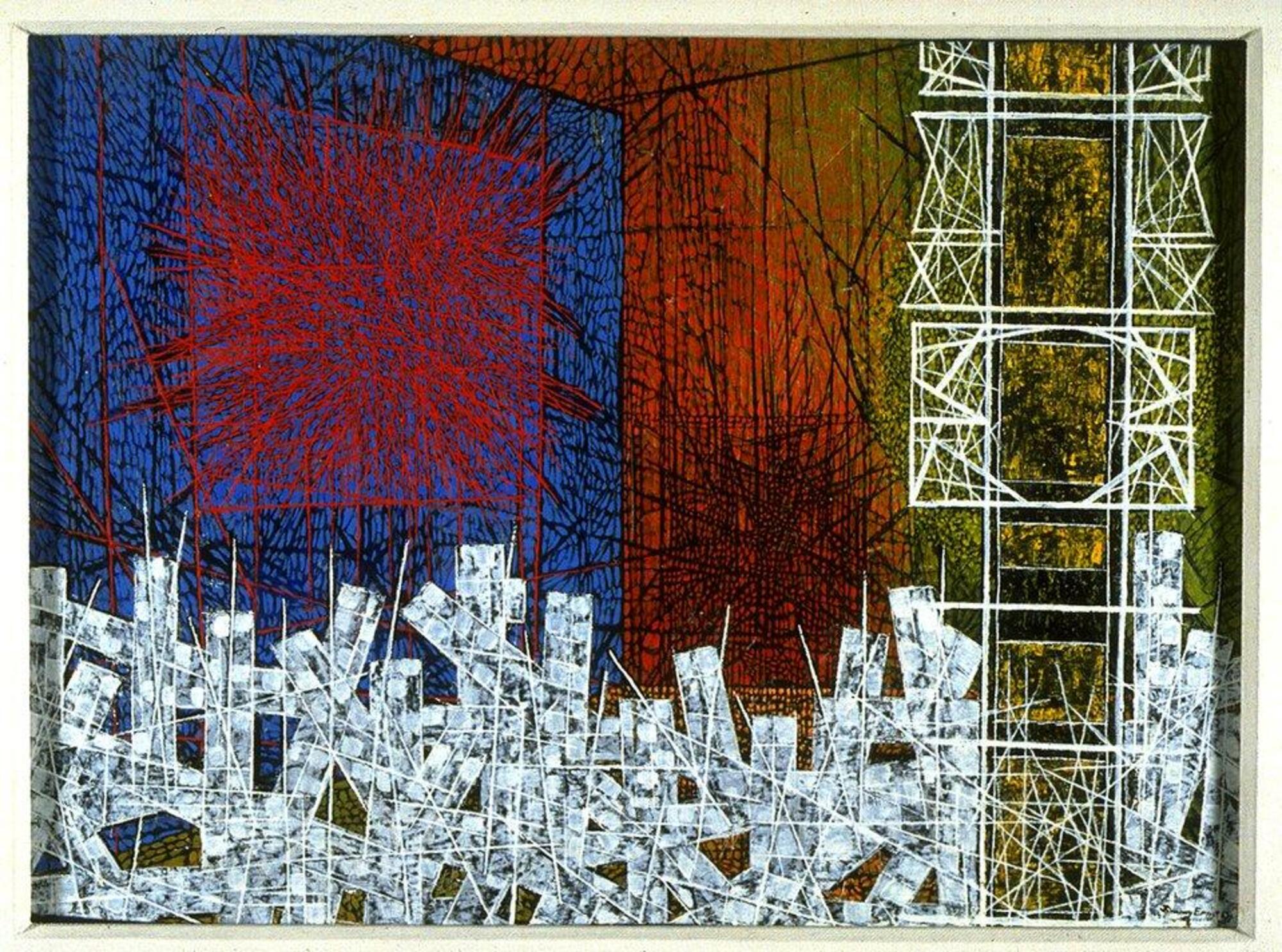 This painting has a large tower of geometric lines and shapes on the right side and and a large square with similar lines on the left side. In the foreground, along the bottom edge of the painting, is an arrangment of rectangles that are criss-crossed with additional lines. Bright blue, red, yellow and white appear throughout the painting.