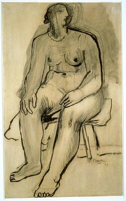 The drawing depicts a nude female figure sitting on a stool. Her torso is viewed from the front, with her legs pointing to the left; her arms resting, one on each leg. Her face looks off to the right revealing her hair, which is in a bun at the base of her neck. The drawing is done in heavy black line, and fainter grey lines of an alternate positioning of the figure can be seen around the head and shoulders. A wash of grey ink covers the top half of the figure.