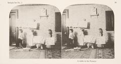 This black and white stereoscopic image features two images of three children and a toy goat holding signs. One sign has the text 'No bed time until 9 o'clock', one is difficult to read, 'Brown paper for me' and the last one reads 'Down with oatmel'. The children are standing in a line.
