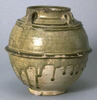 A stoneware globular jar with straight, wide neck and direct rim, and bowstring bands around the waist and shoulder, four loop lugs connecting the neck to shoulder, and the upper half covered in a gray-green celadon glaze. 