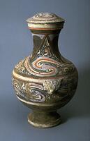 greyware jar with lid, pained with polychrome mystic cloud design, flared neck, globular body, tall foot