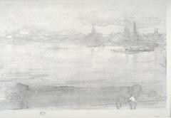 Two men sit on a bench at the lower right. Behind them is a large expanse of water; barges ply the water while smokestacks and buildings are visible on the opposite shore. The overall impression is one of foggy weather and features are generally indistinct.