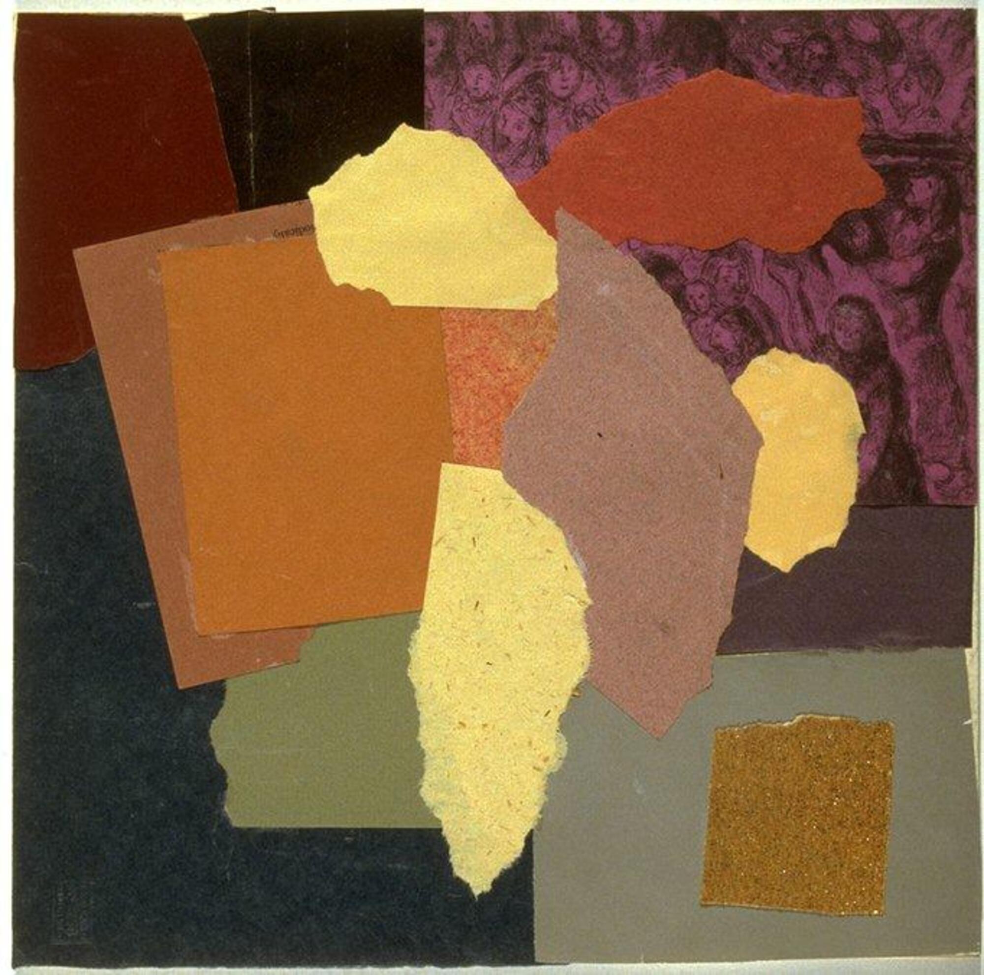 A collage composed of different colored pieces of sandpaper of different grades or textures, construction paper, printed papers, and a piece of embossed leather. Most of the sandpaper pieces are in an overlapping group in the center of the piece. In the viewer&#39;s upper right there is a purple piece of paper printed with a throng of human figures.