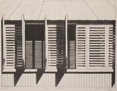 A black and white lithograph depicts a small shack with opened windows.