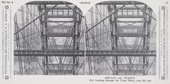 This black and white stereoscopic image features two images of the view looking through the inside of a Ferris wheel near the top.  It is surrounded by the text: Set No. 8; Wanderings Among the Wonders and Beauties of Western Scenery; CHICAGO and VICINITY. 313. Looking through the Ferris Wheel, near the top.<br />