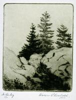 The bottom half of this vertical print shows a rocky outcropping, with a triangular shadow in the center right. On the bottom left is some foliage. The top half of the composition shows three trees in the center right. The left-most tree is darker than the other two. The trees are set against a flat background.