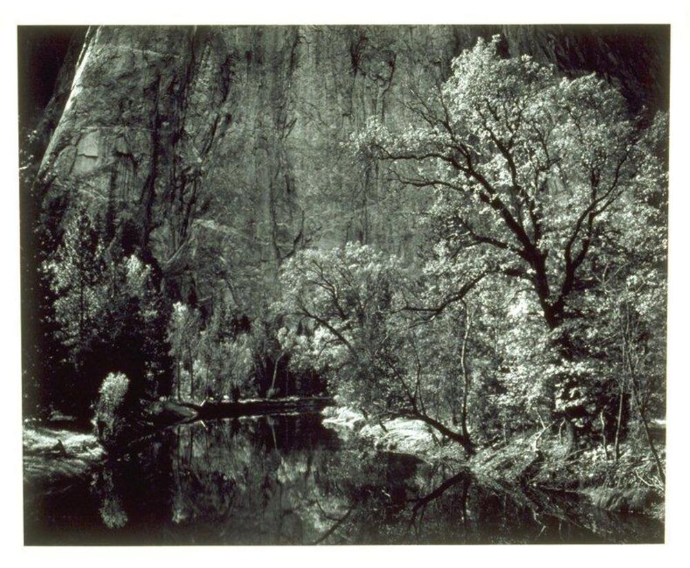 This photograph depicts a river lined by trees, while a granite cliff fills the background of the image. 