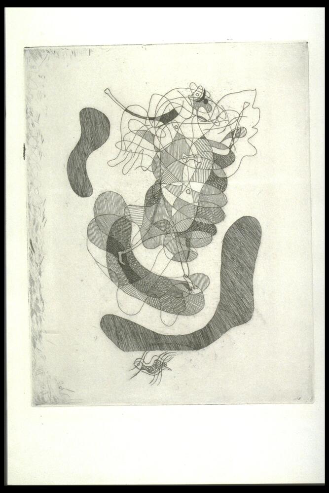 Abstract etching on paper. Braque works wih line, evident in the fluidity of the mark and crosshatching. This exploration of line gives the piece three-dimensionality, common in his other abstract works.