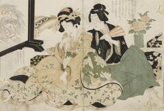 Two women seated, wearing kimonos. Colors of tan, green, black and grey.