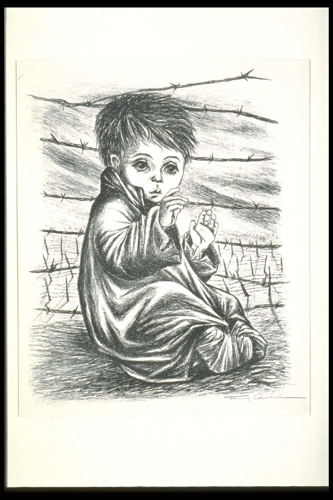 A child sits inside a fence of barbed wire upon the bare dirt ground; beyond the fence lies nothing but burnt tree trunks. He is dressed in rags, and his feet are completely bandaged. Eyes sunken and lips pursed, he holds his hands up in a surrender-like state. It is implied by the title that this child is Jewish and is most likely being depicted inside one of the death camps during the Holocaust.