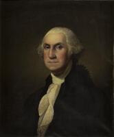 Washington portrait wearing dark colors and a whitesh ruffled shirt. Looking right.