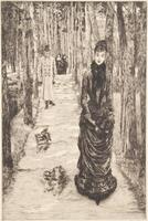 An etching of a woman in a black dress with two small dogs walking on a tree-lined path. Behind her follows a man in a top hat and two other women, one of whom wears a nun's habit.