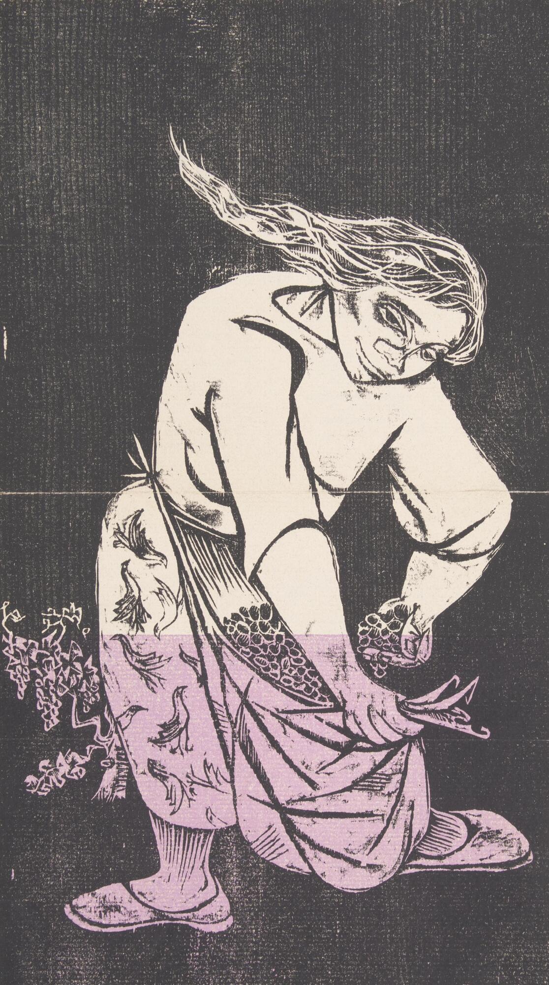 This two-color woodcut in black and pale pink depicts a standing female figure against a black background in vertical format. The figure is shown bending over collecting grapes in the folds of her apron. Her skirt is decorated in a bird motif and her hair is windswept. The verso of this print contains an announcement for an exhibition at Weyhe Gallery in New York in March and April of 1951.