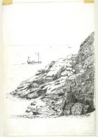 A drawing of a boat sailing past rocky cliff. <br /><br />
Eva Caston 2017