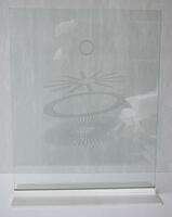 screened print on glass colored with mirror silver and laminated, freestanding