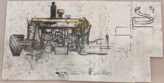 Line drawing of an engine in yellow and black on a white background comprised of layered paper.