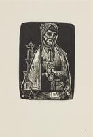 This woodblock print depicts a man clasping his hands in a prayer like gesture. His gaze is directed downward and towards his left. In front of him is a table with a wine glass and a sheet of paper. The print is signed (l.c.) "8 Pepe Ortega" in pencil.