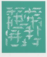 This vertical print shows an abstract composition with a pattern of broad white strokes in a grid-like arrangement on a green background.