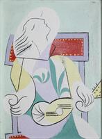 This painting depicts the abstract form of a woman sitting in a chair with her head, shown in profile and tilted upward. There is a stringed instrument in her lap and her hands rest on the arms of the chair. It is painted in muted colors of aqua and lavender with brighter areas of yellow, orange and blue. The figure, chair and instrument are created with just a few black lines to suggest their forms.