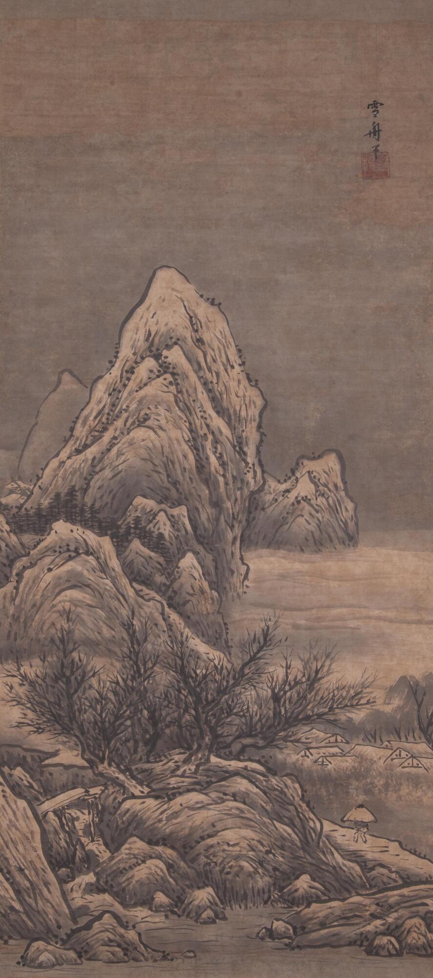 In this handing scroll, there are mountains in the background. There are rocks and trees scattered on a shore that leads to a body of water. In the upper right corner, there is an inscription and a seal.