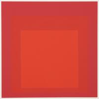This square screenprint has three squares in red. They are all nestled within each other, with the darkest red on the outside, becoming lighter towards the smallest square. The print is titled (l.l.) "EK Id" in pencil. 