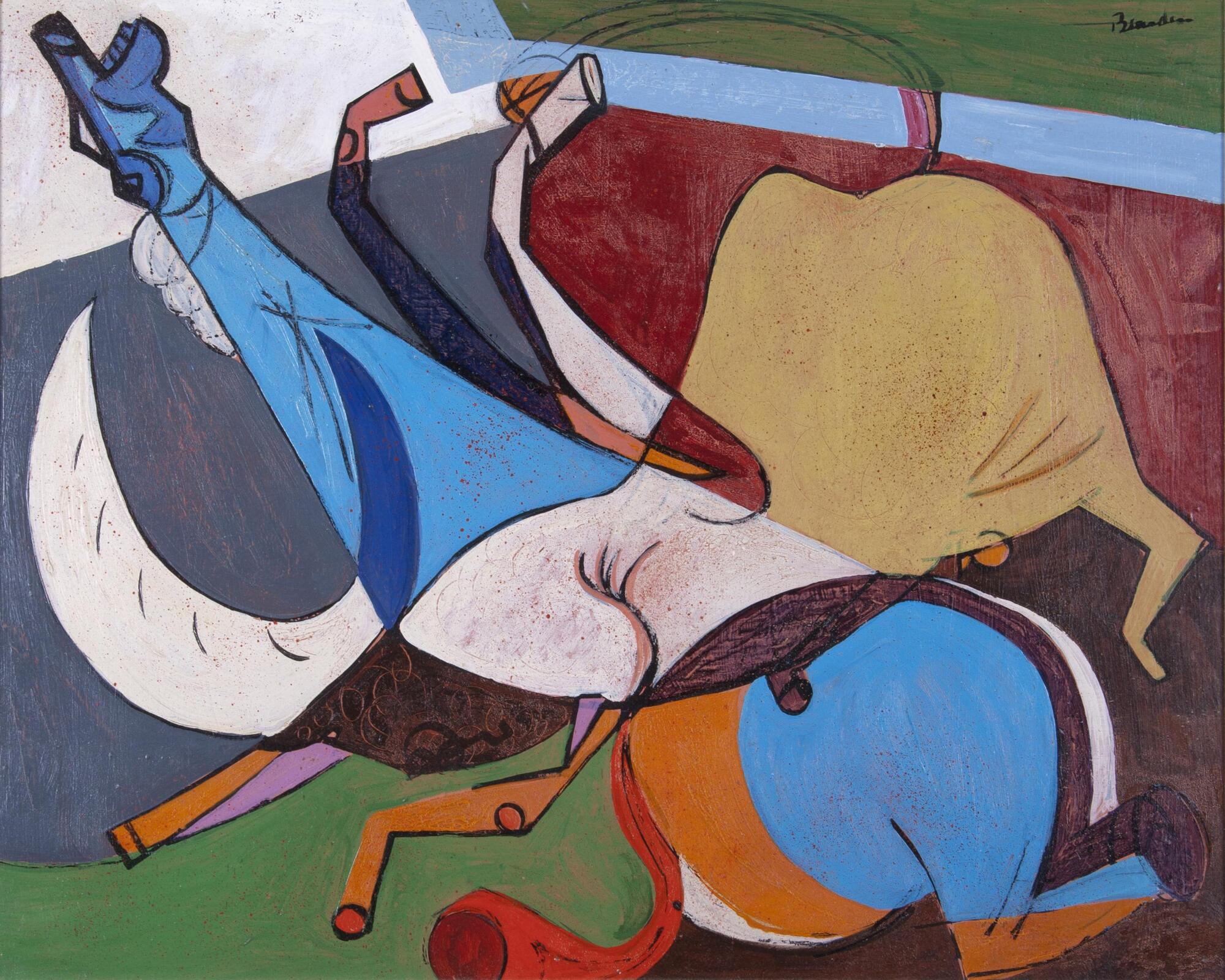 At the center of the painting, two animals meet: a horse and a bull. Painted in a variety of colors, the two animals are abstracted in a Cubist style. The painting is signed (u.r.) in black paint "Bearden". 